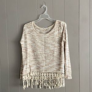 Women’s Knit Sweater with Lace Fringe Detail